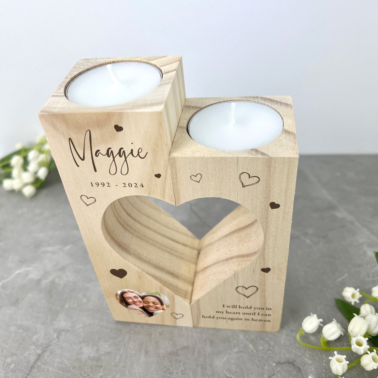 Personalised Solid Wooden Photo Memorial Heart Tea Light Holders