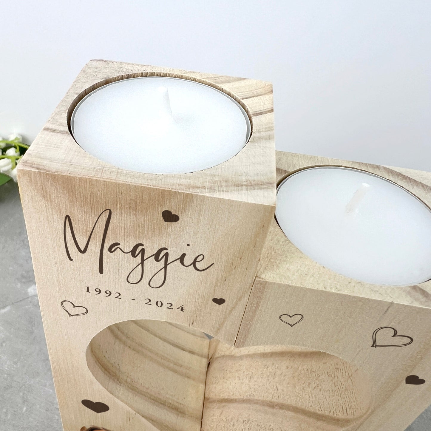 Personalised Solid Wooden Photo Memorial Heart Tea Light Holders