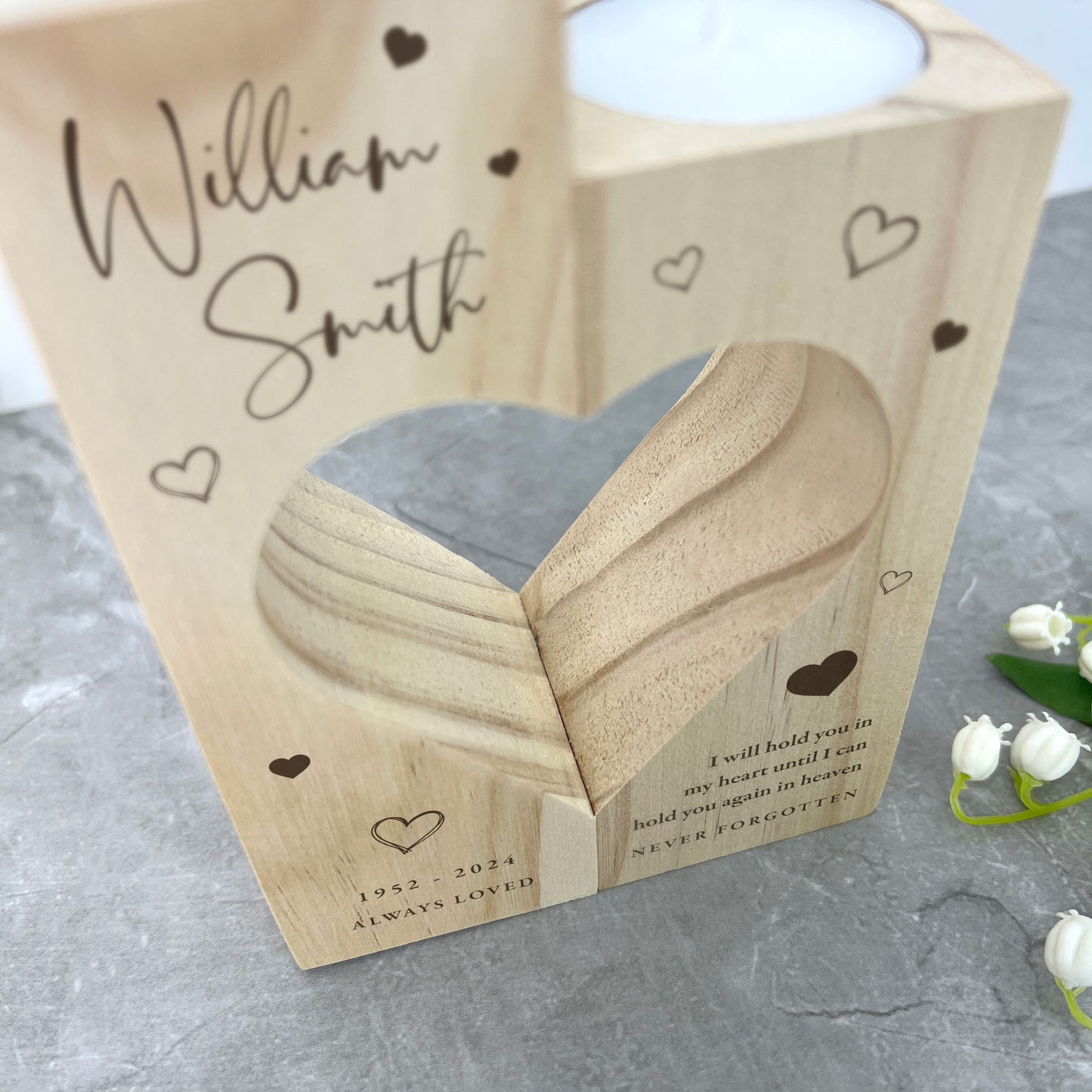 Personalised Solid Wooden Memorial Heart Tea Light Holders