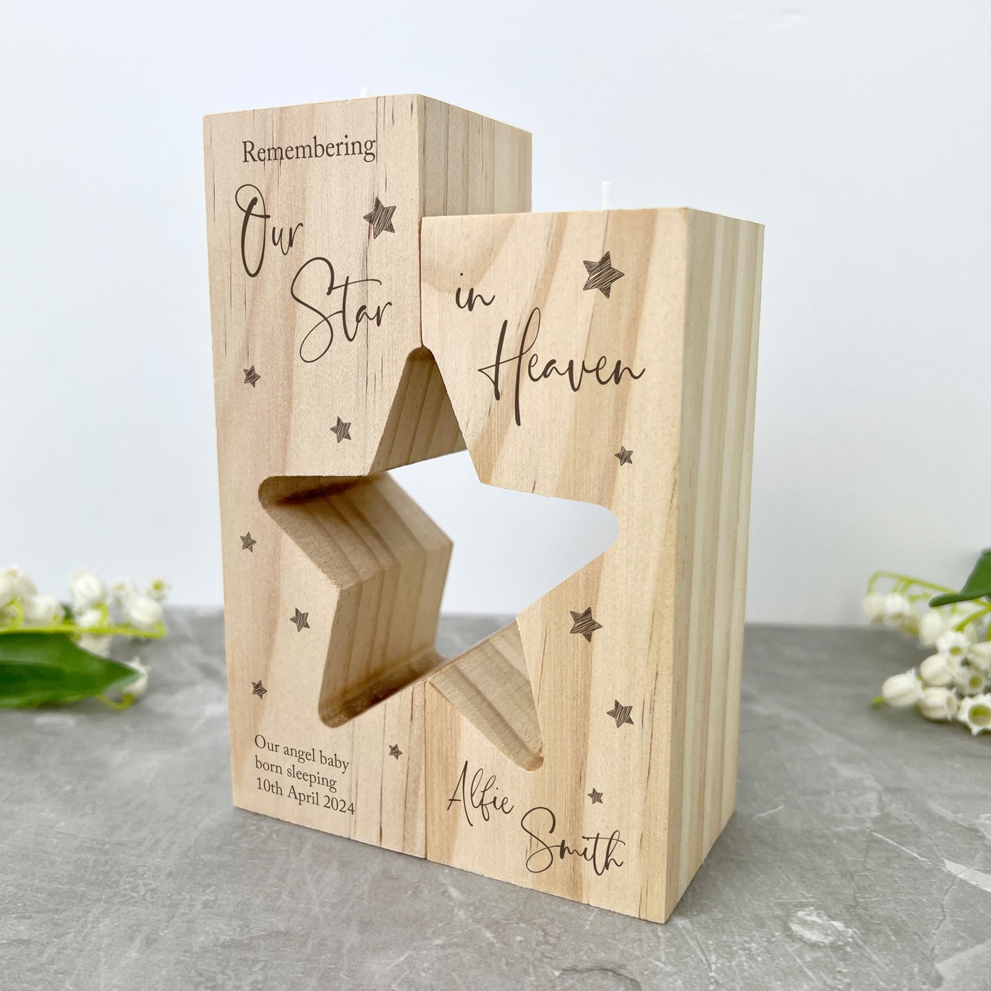 Personalised Solid Wooden Angel Baby Memorial Star Tea Light Holders