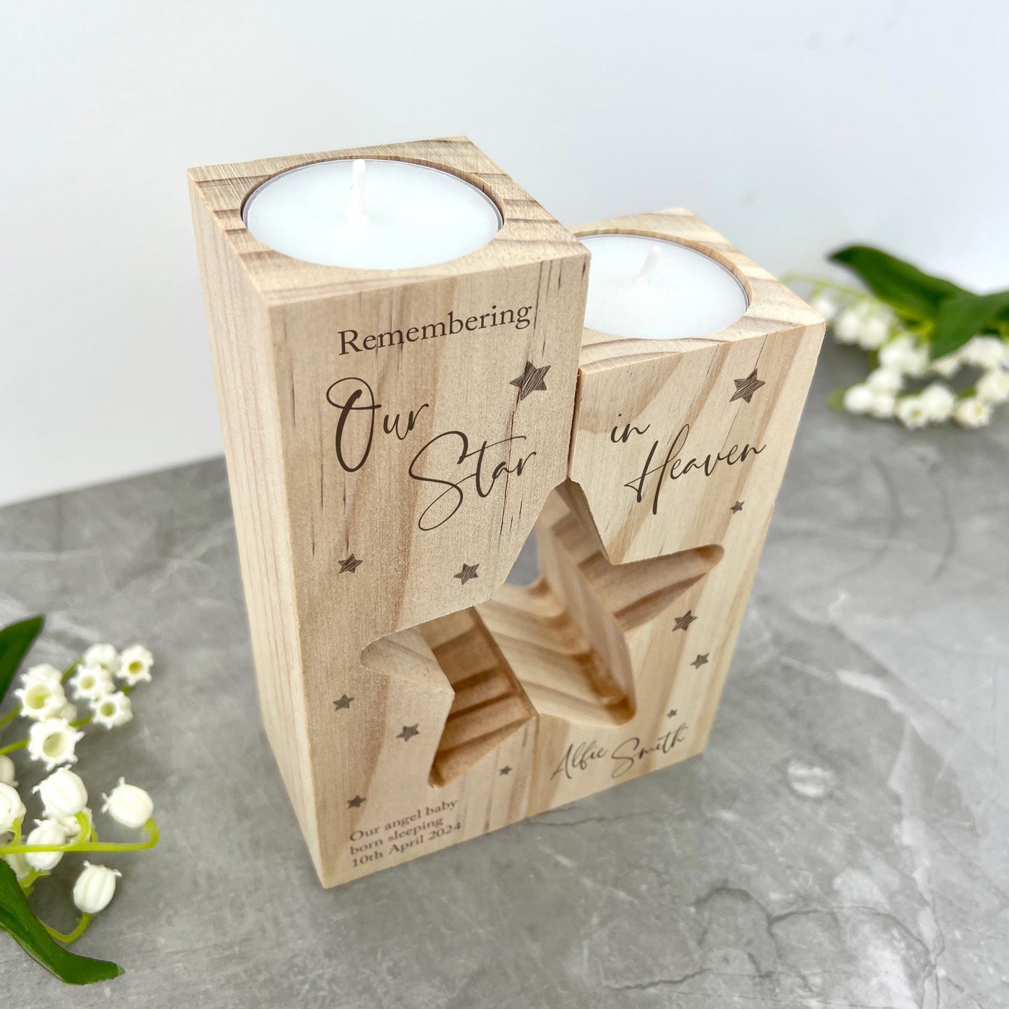 Personalised Solid Wooden Angel Baby Memorial Star Tea Light Holders