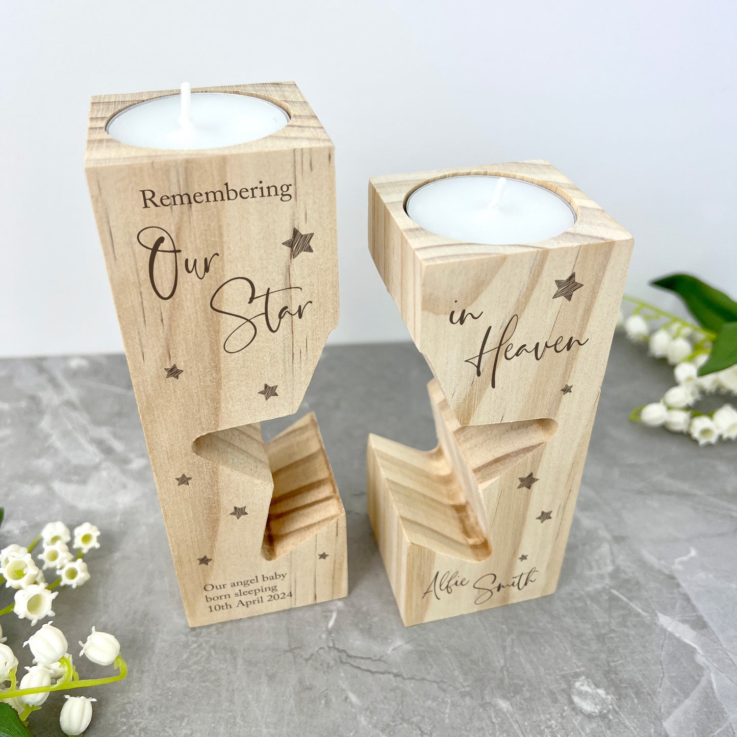 Personalised Solid Wooden Angel Baby Memorial Star Tea Light Holders