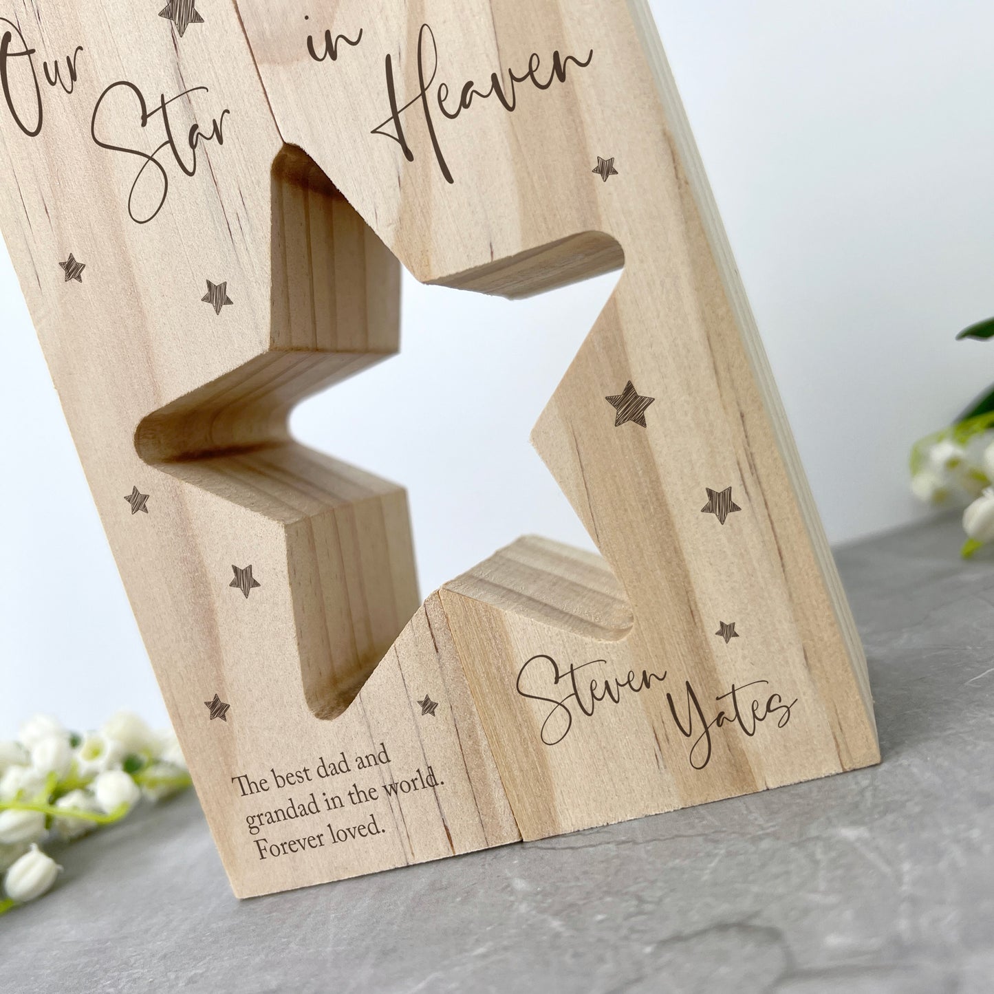 Personalised Solid Wooden Memorial Star Tea Light Holders