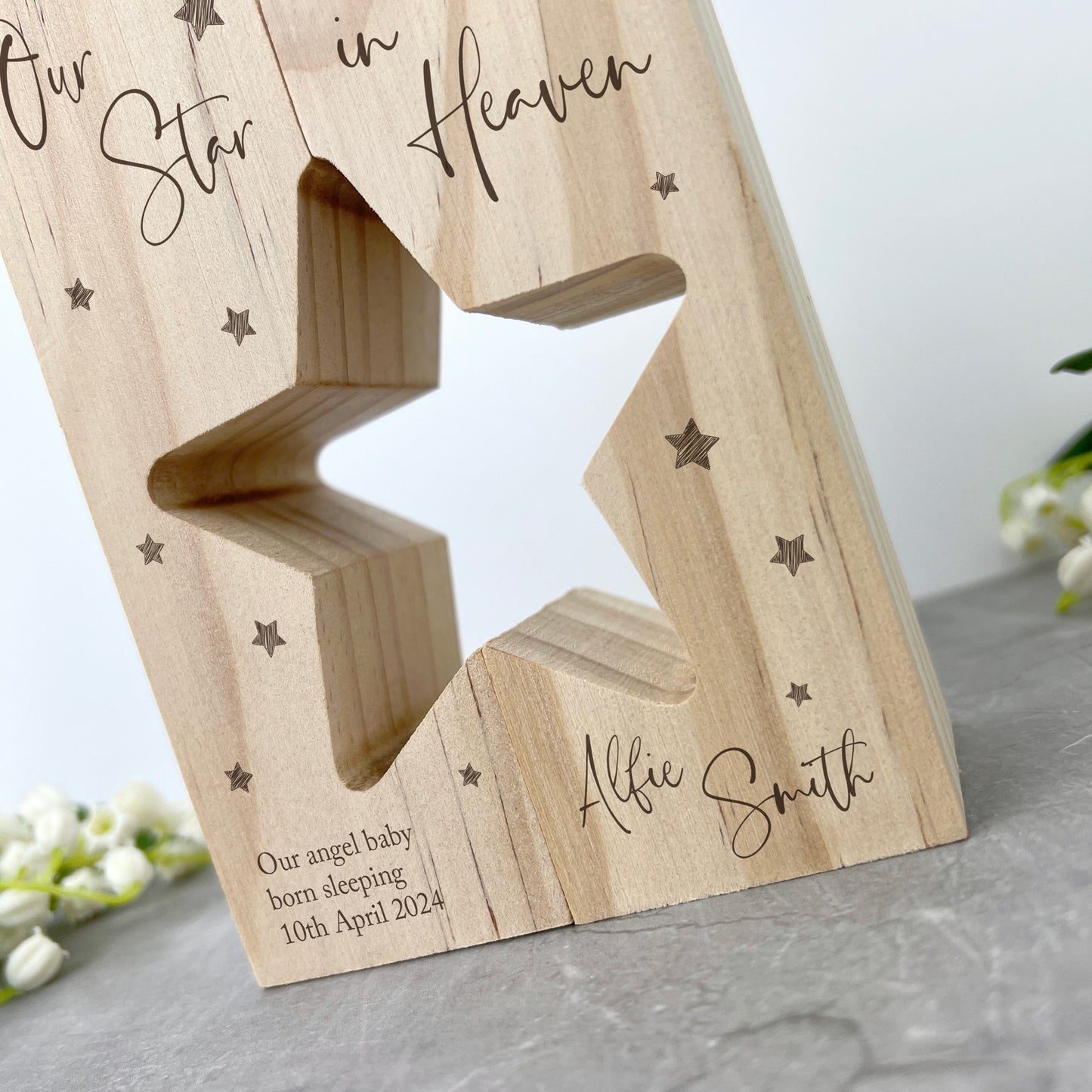 Personalised Solid Wooden Angel Baby Memorial Star Tea Light Holders