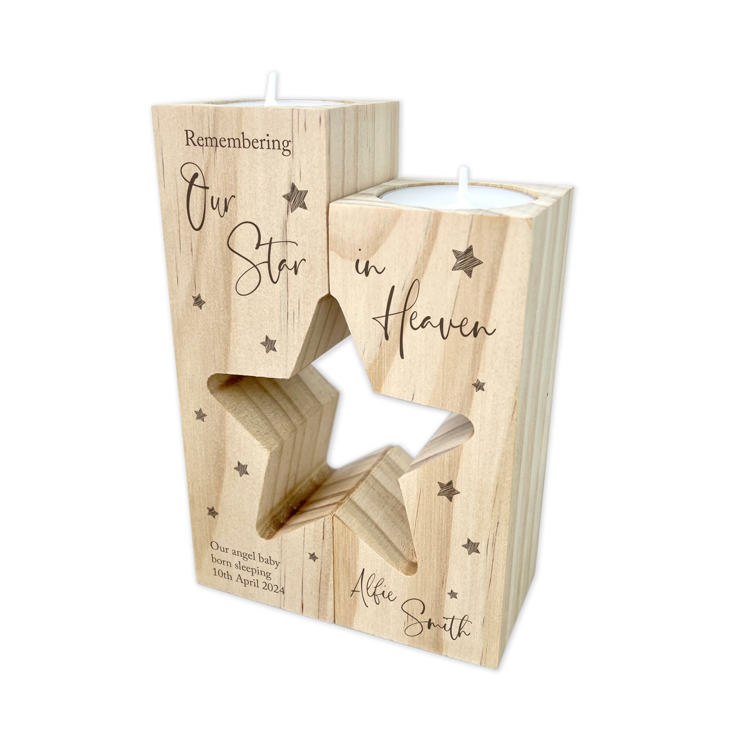 Personalised Solid Wooden Angel Baby Memorial Star Tea Light Holders