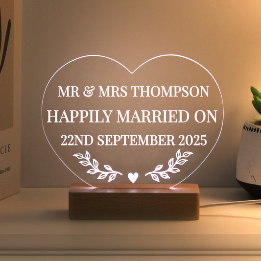 Personalised Wedding Acrylic Heart LED Light