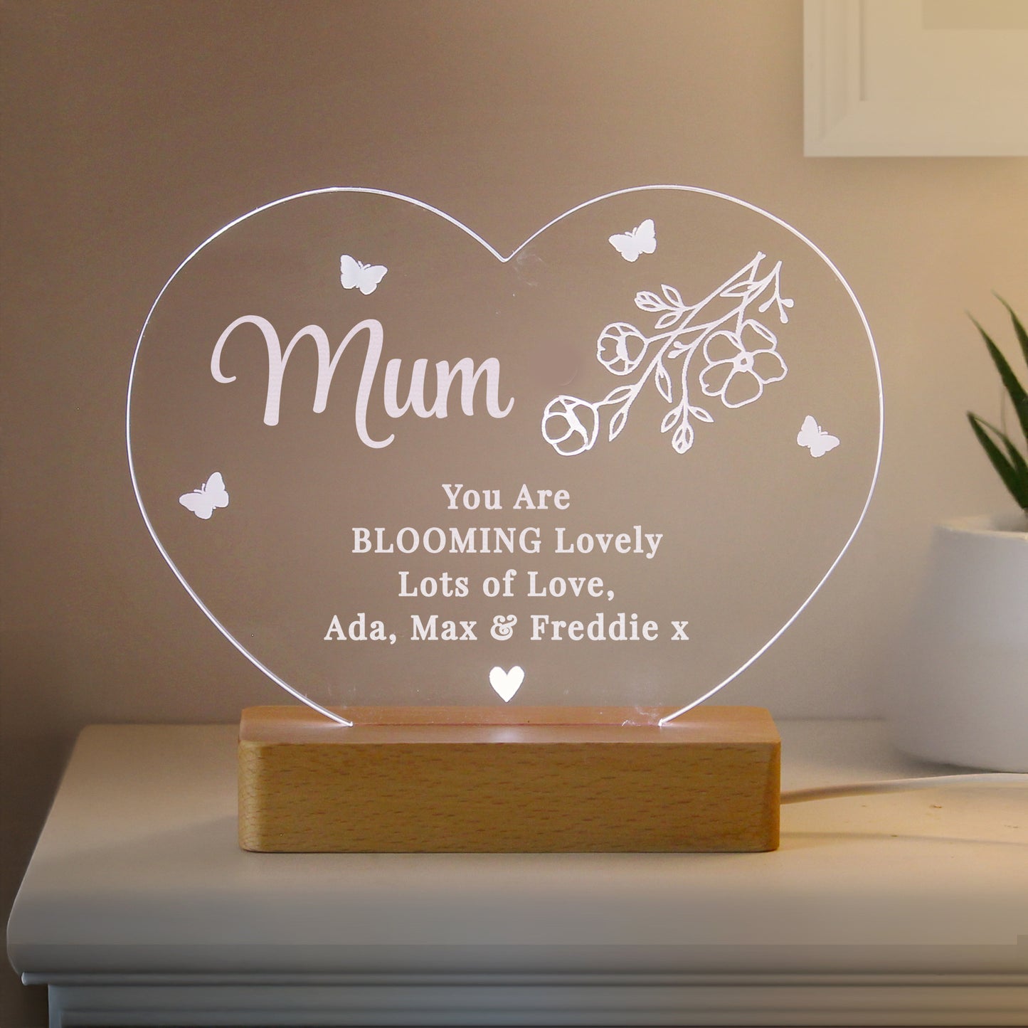 Personalised Floral Acrylic Heart LED Light