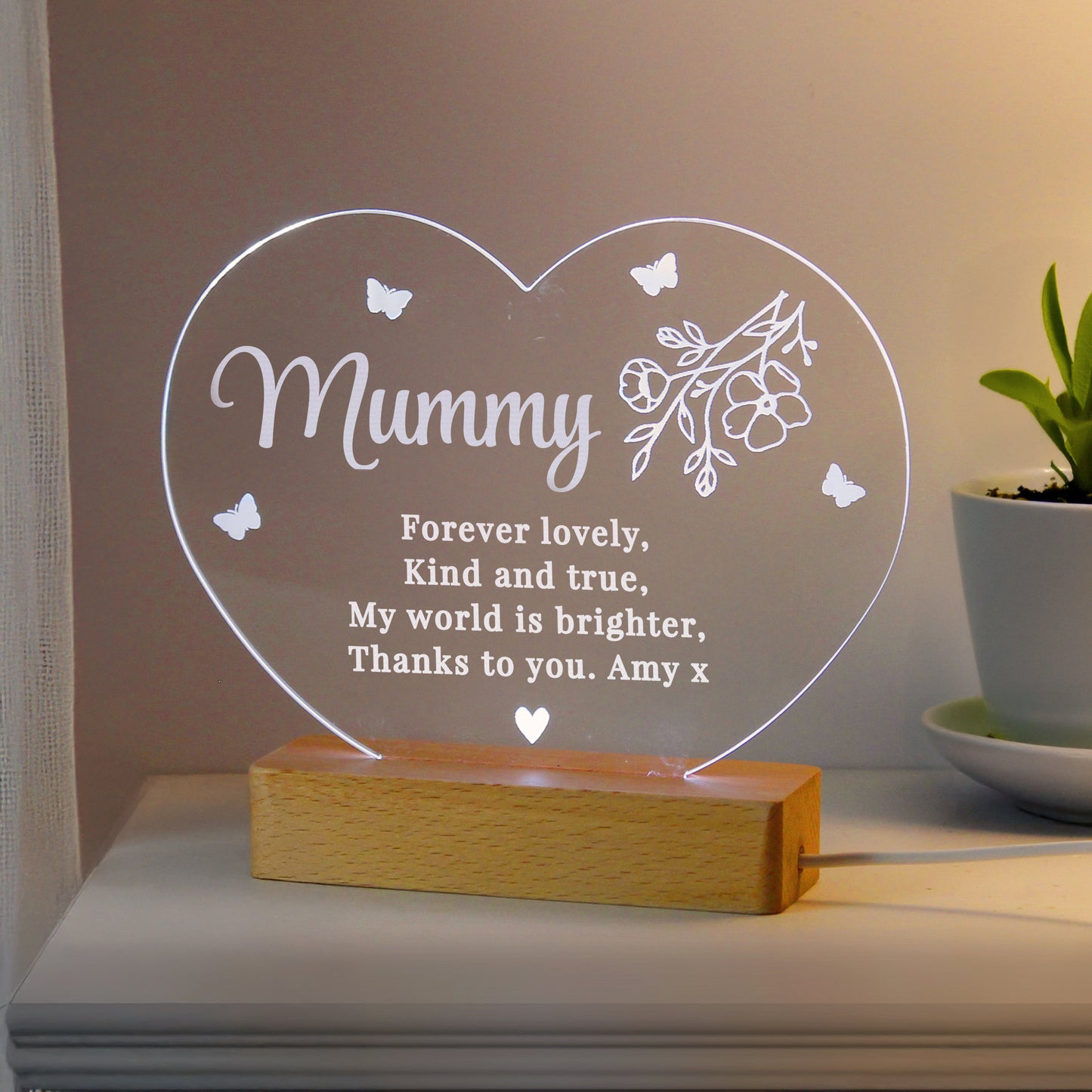 Personalised Floral Acrylic Heart LED Light