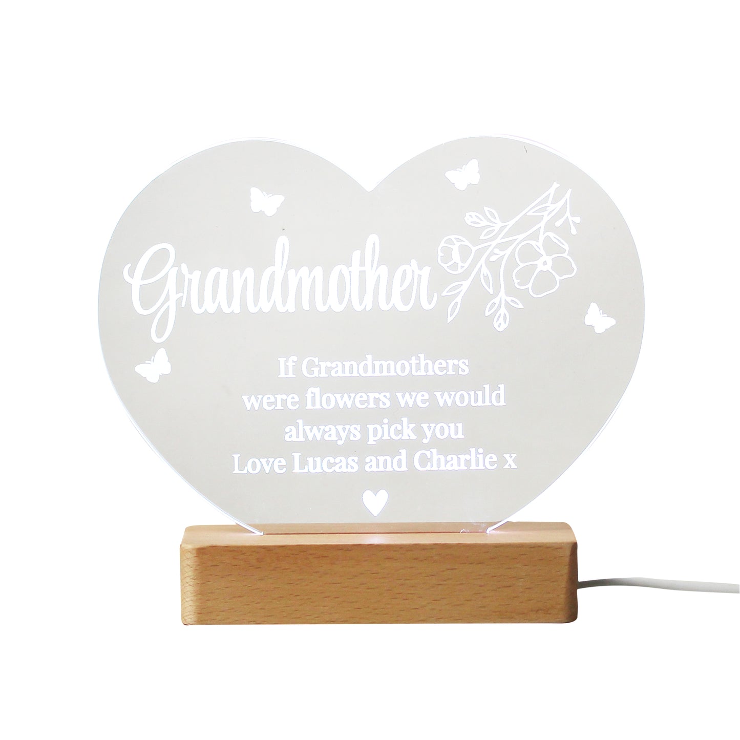 Personalised Floral Acrylic Heart LED Light