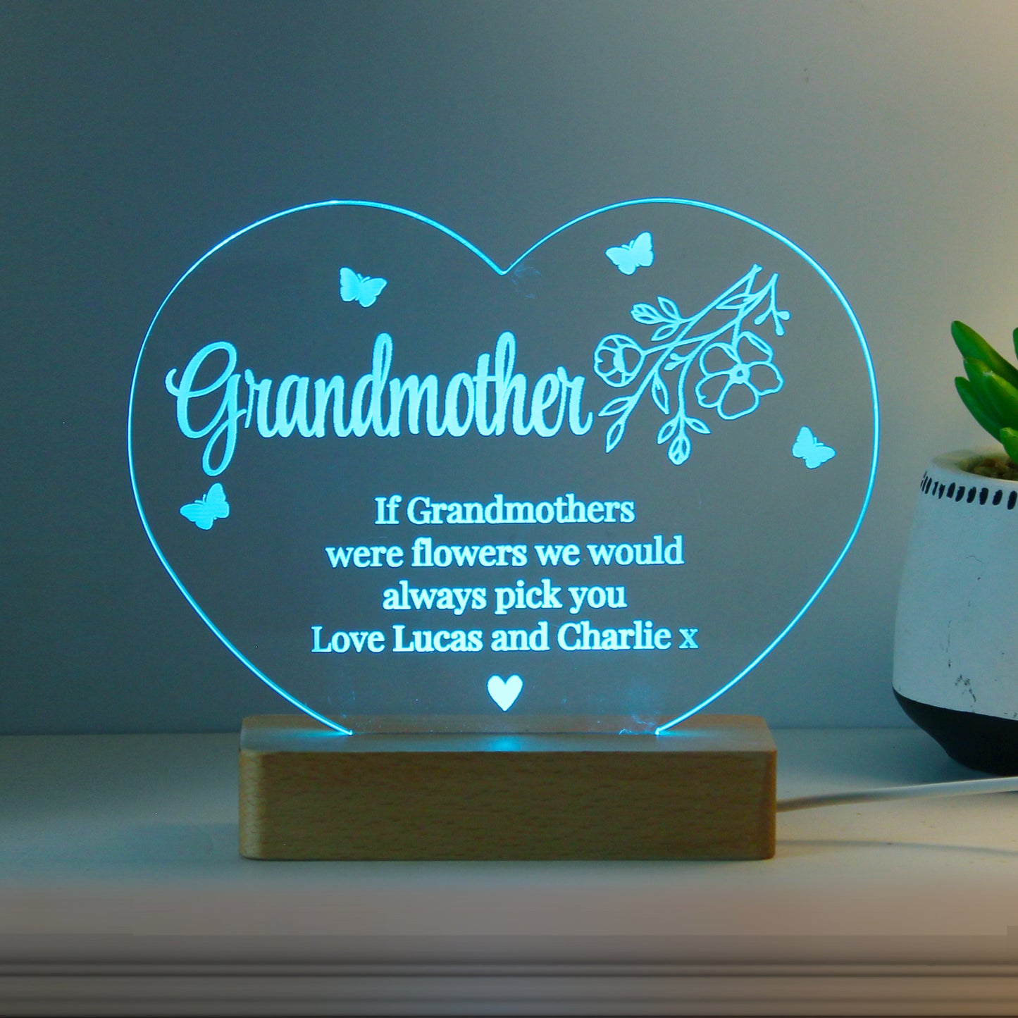 Personalised Floral Acrylic Heart LED Light