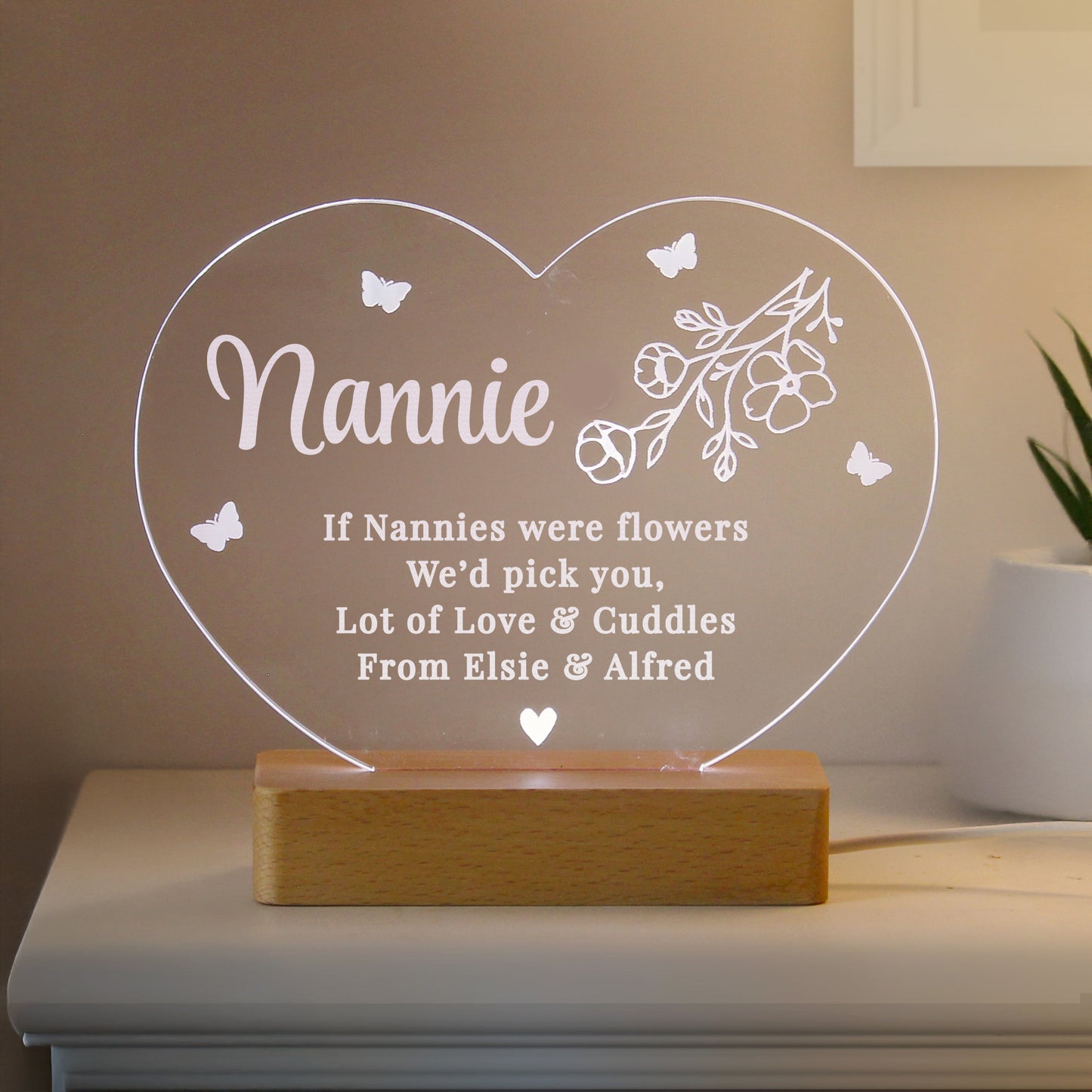 Personalised Floral Acrylic Heart LED Light