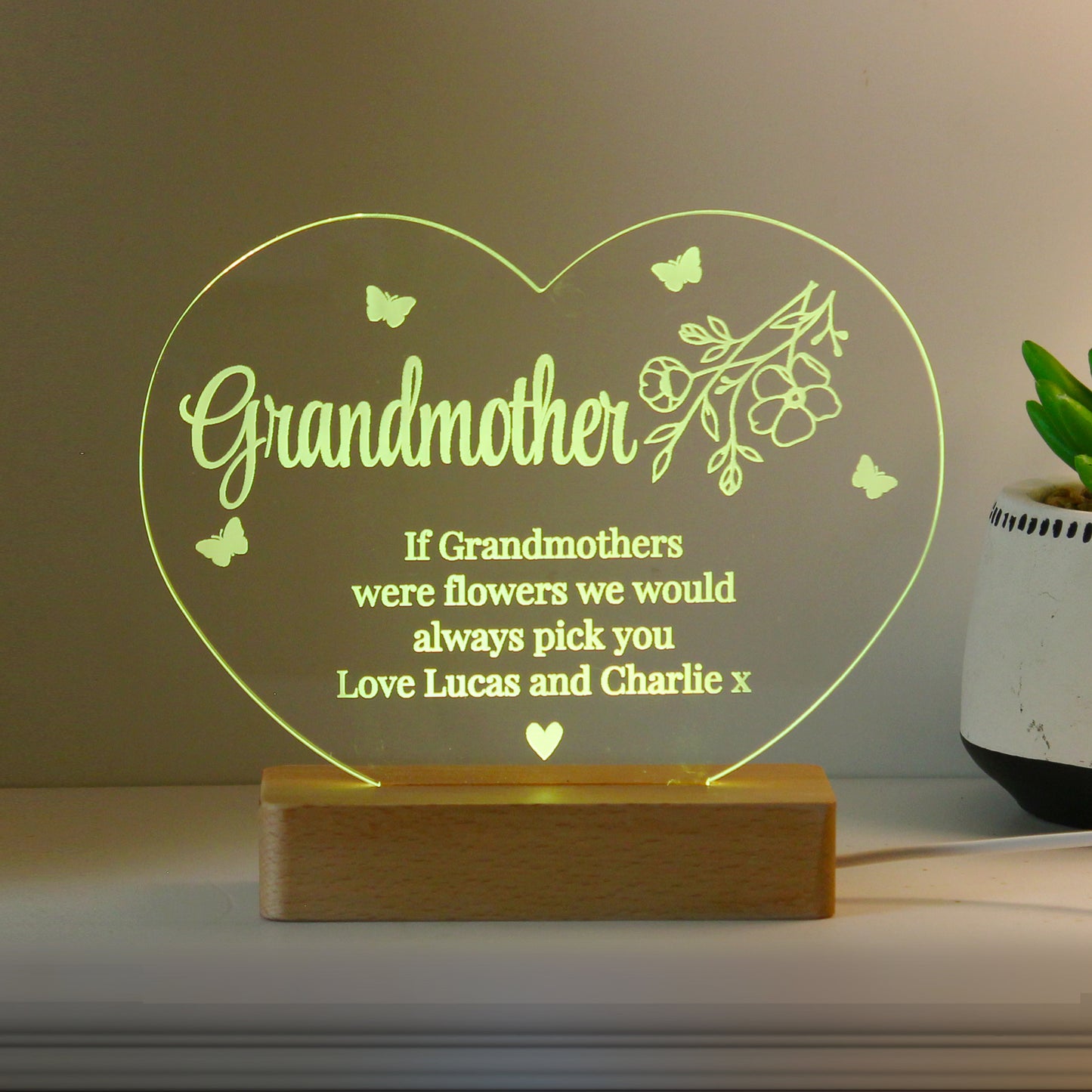 Personalised Floral Acrylic Heart LED Light