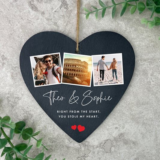 Personalised Couples Photo Slate Heart Hanging Decoration 15 x 16cm