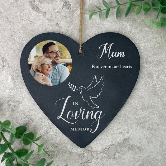 Personalised Photo In Loving Memory Dove Slate Heart Decoration 15 x 16cm