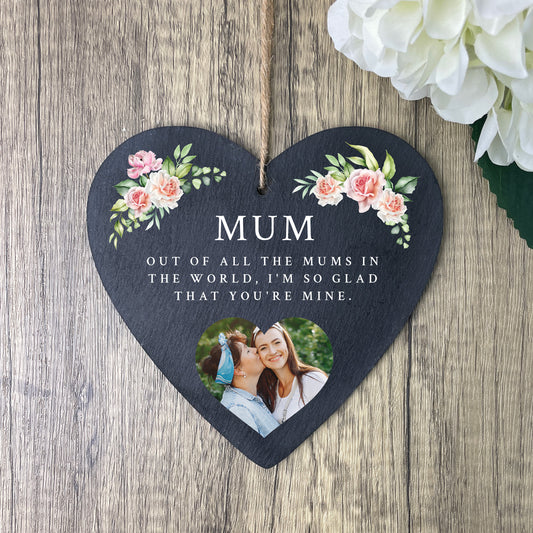 Personalised Any Message Pink Floral Photo Slate Hanging Heart