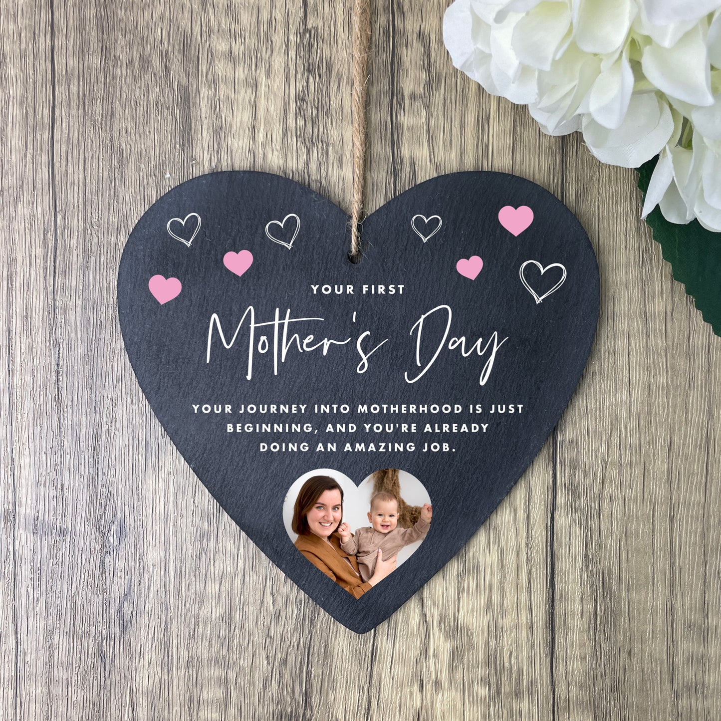 Personalised First Mother's Day Photo Slate Hanging Heart