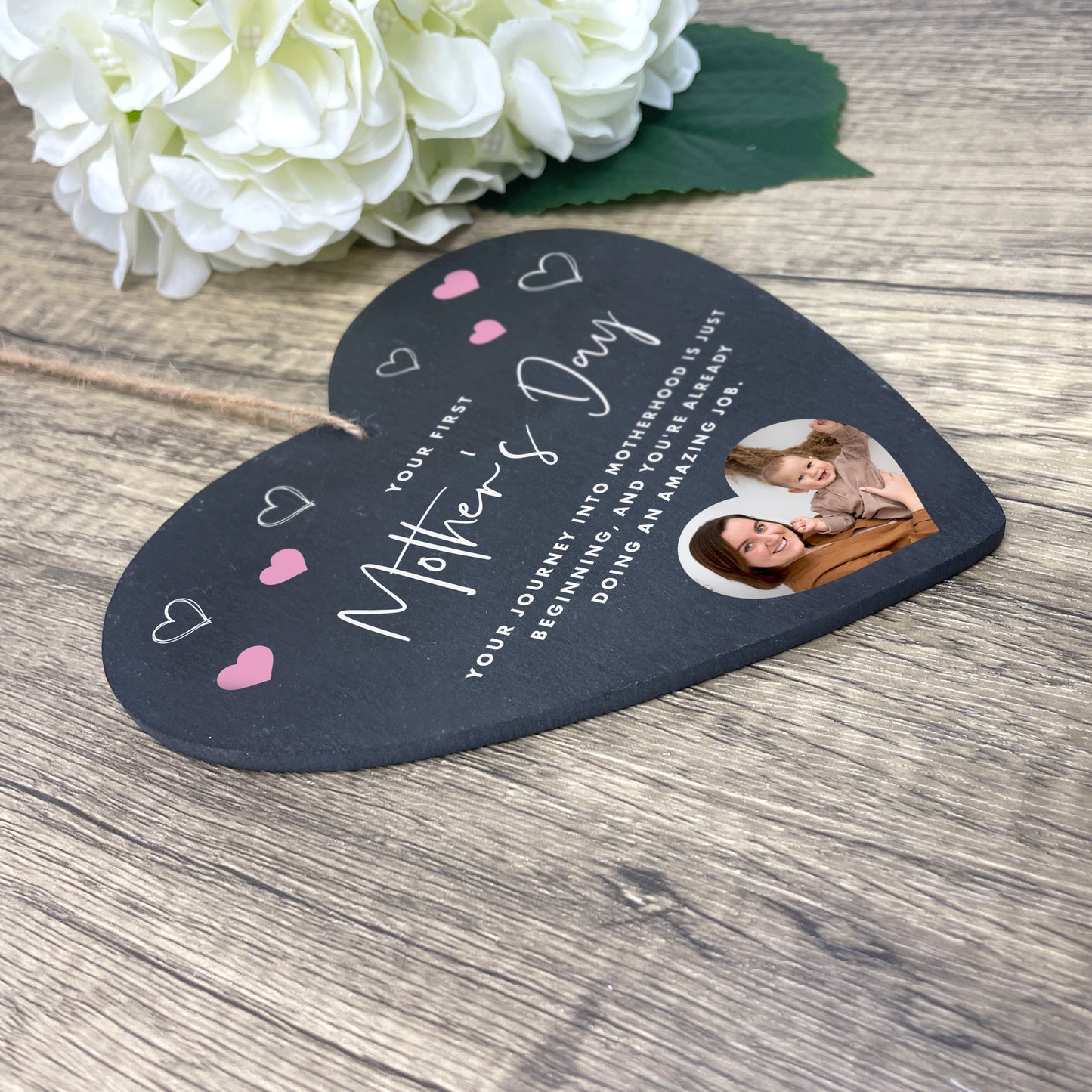 Personalised First Mother's Day Photo Slate Hanging Heart