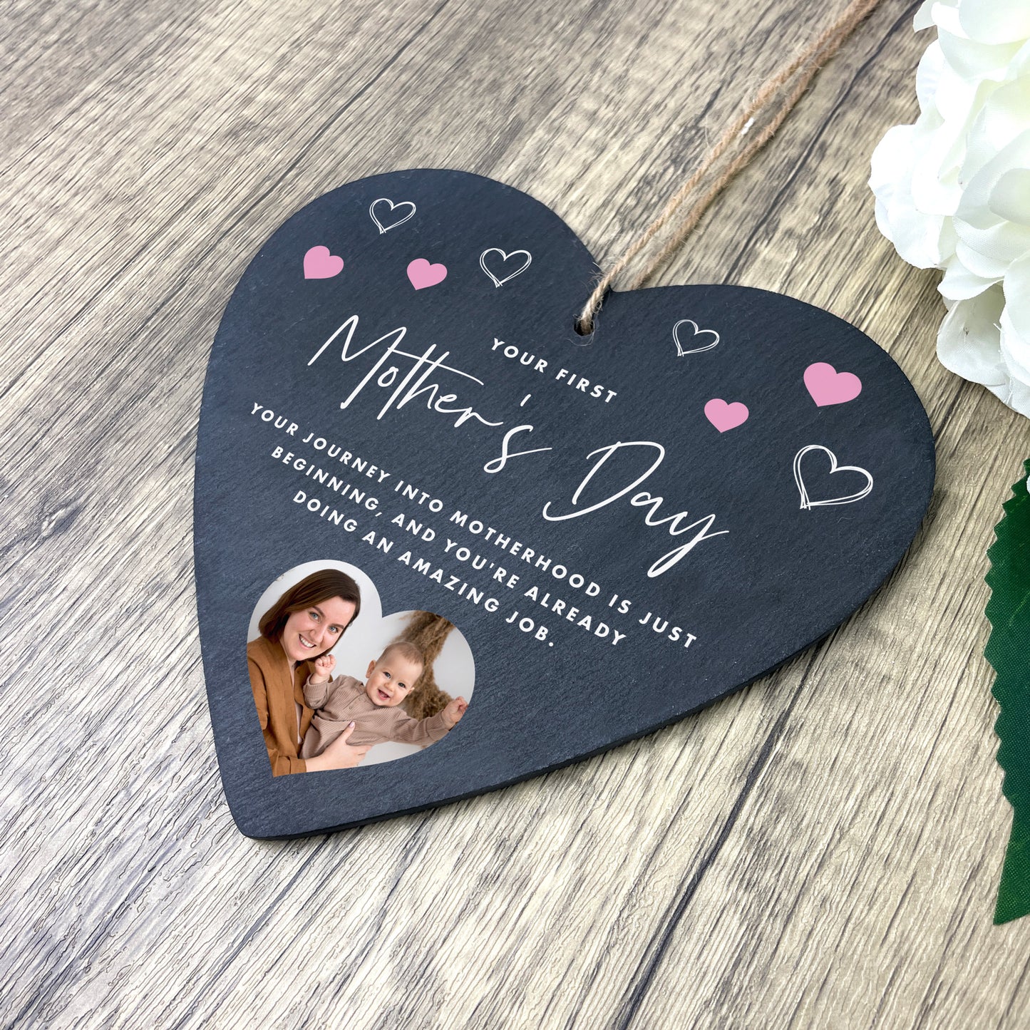 Personalised First Mother's Day Photo Slate Hanging Heart