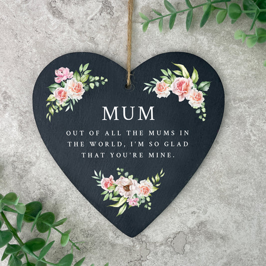 Personalised Any Message Pink Floral Slate Hanging Heart