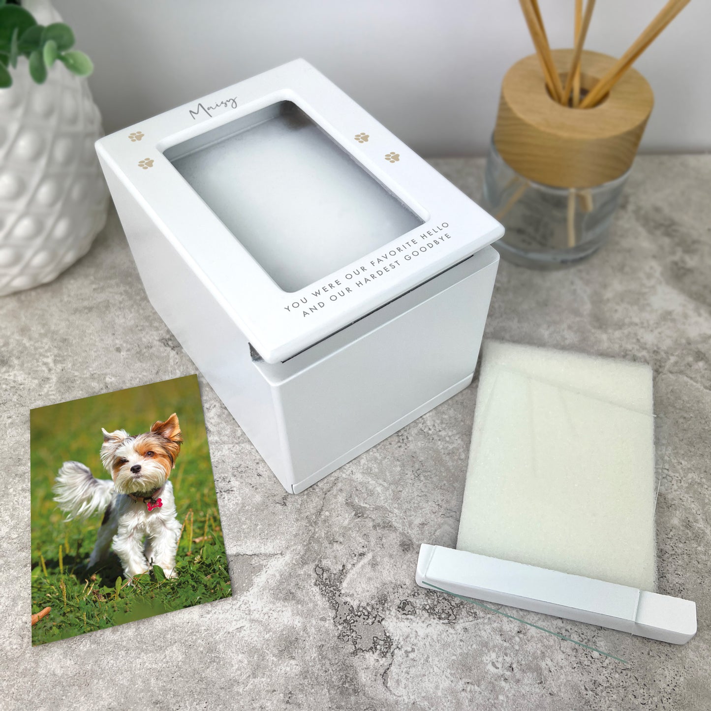 Personalised Neutral Paw Prints Cremation Urn For Pets Ashes Holds 9.5cm x 6cm Photo Portrait | 0.51 Litres