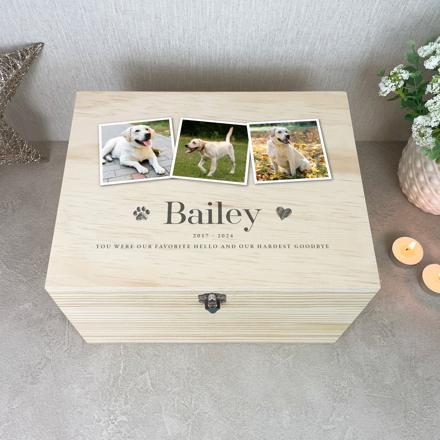 Personalised Three Photo Pet Memorial Keepsake Box - 5 Sizes (16cm | 20cm | 26cm | 30cm | 36cm)