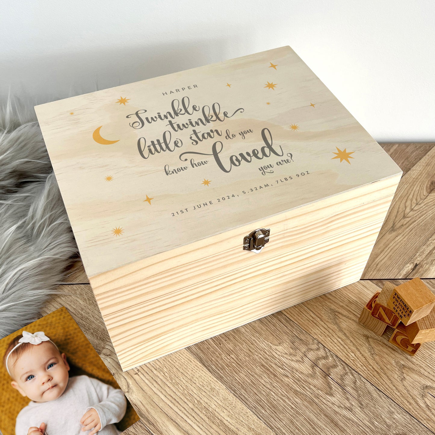 Personalised Twinkle Twinkle New Baby Keepsake Box - 5 Sizes (16cm | 20cm | 26cm | 30cm | 36cm)