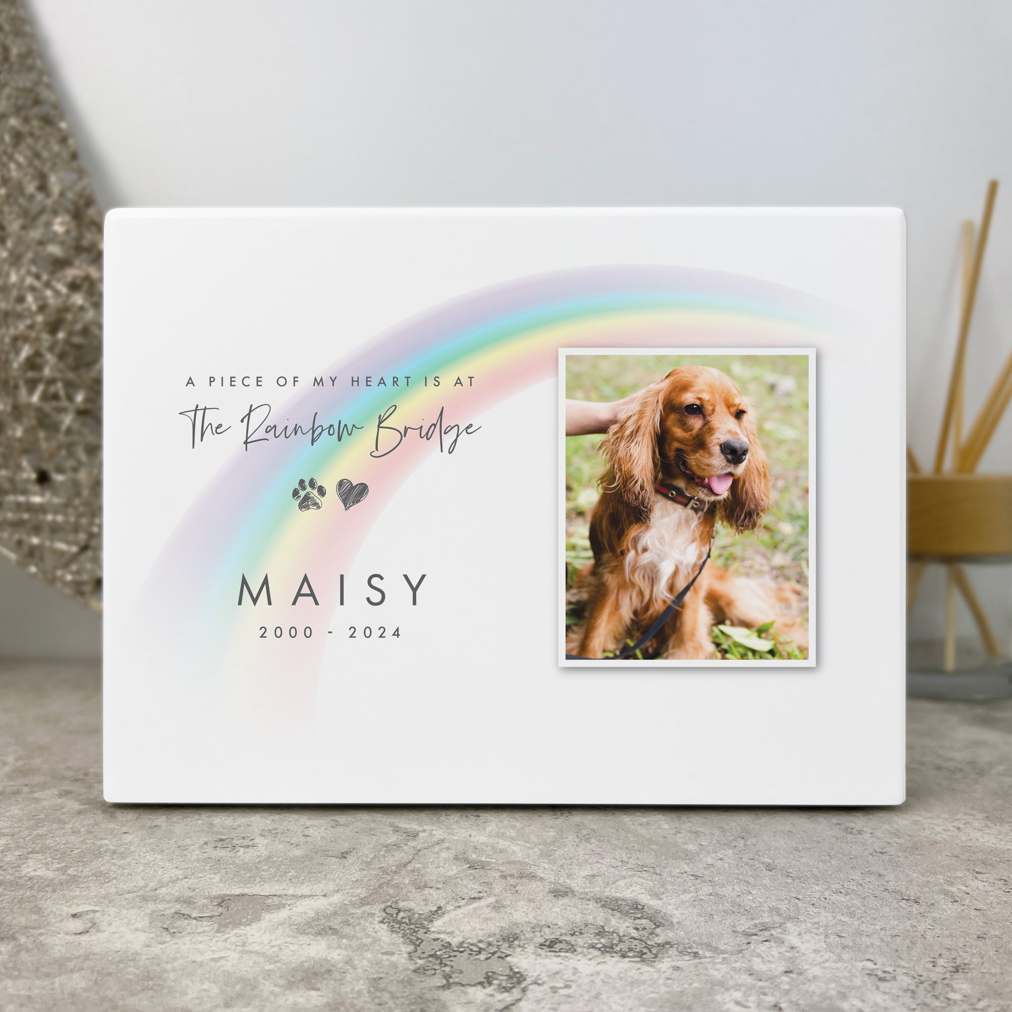 Personalised Soft Rainbow Bridge Photo Cremation Urn For Pets Ashes 1.09 Litres