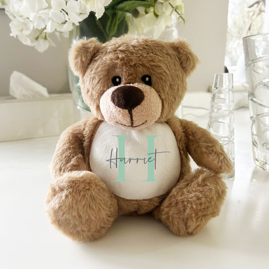 Name & Initial Brown Bear - Green, Pink, Blue, Neutral