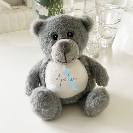 Name & Initial Grey Bear - Green, Pink, Blue, Neutral