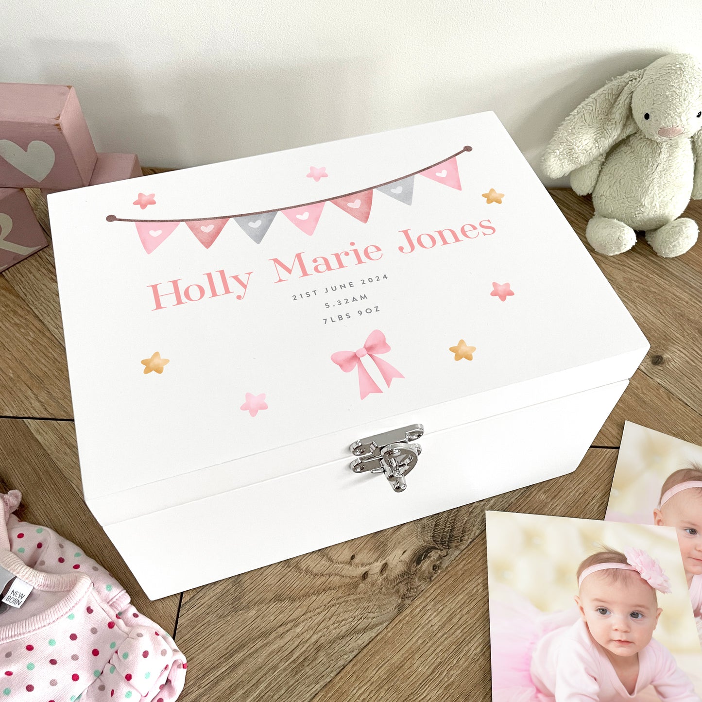 Personalised Pink Garland New Baby White Wooden Keepsake Memory Box - 3 Sizes (22cm | 27cm | 30cm)