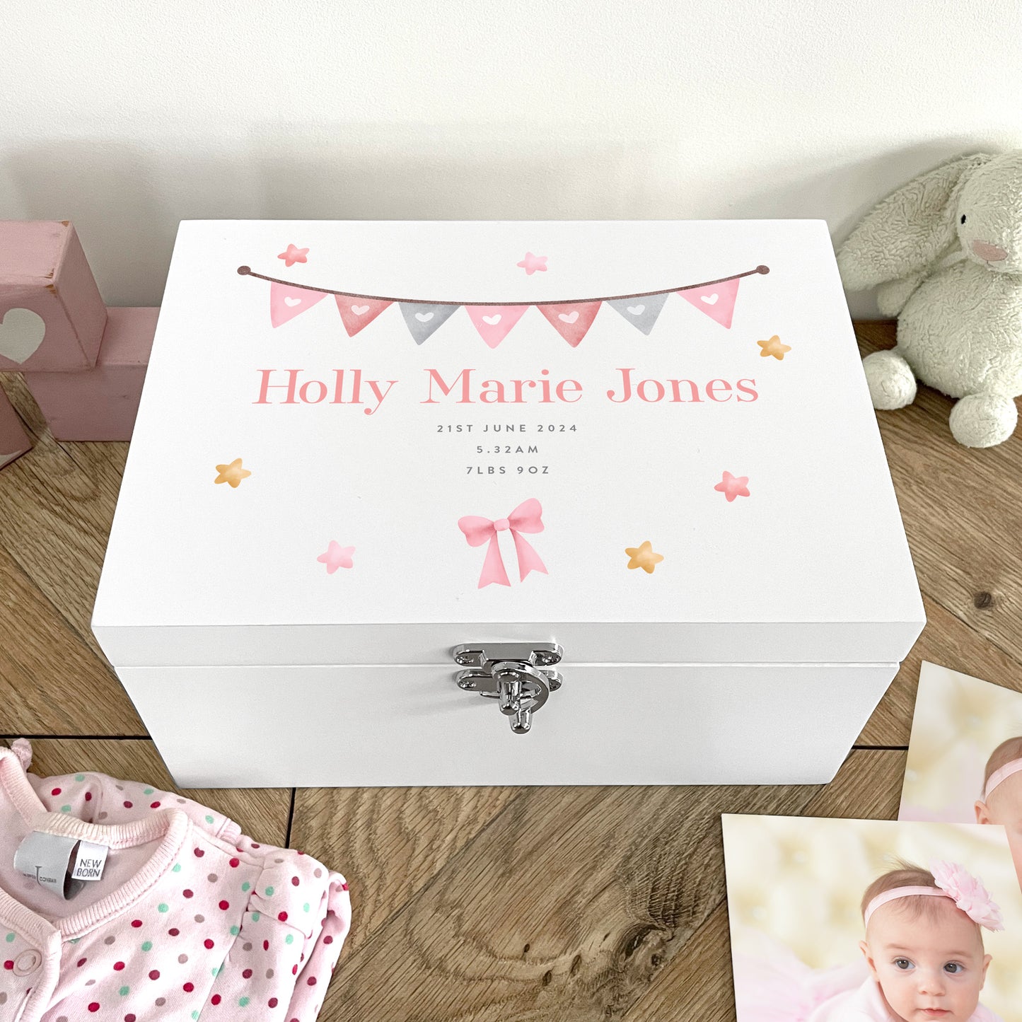 Personalised Pink Garland New Baby White Wooden Keepsake Memory Box - 3 Sizes (22cm | 27cm | 30cm)