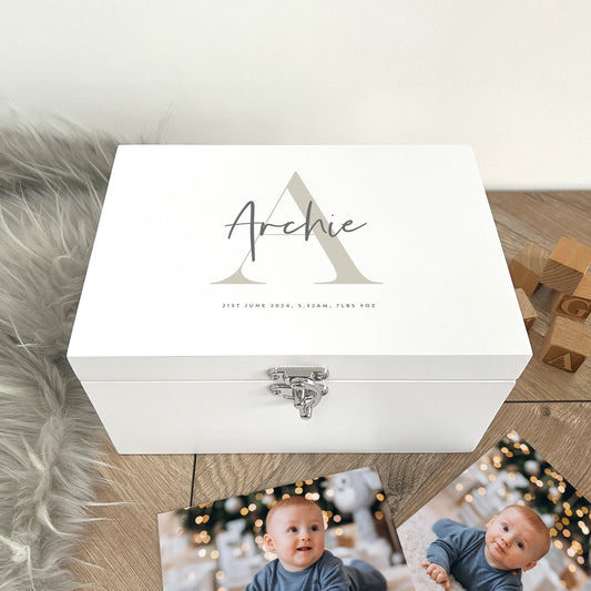 Personalised Name & Initial New Baby White Wooden Keepsake Memory Box - 3 Sizes (22cm | 27cm | 30cm)