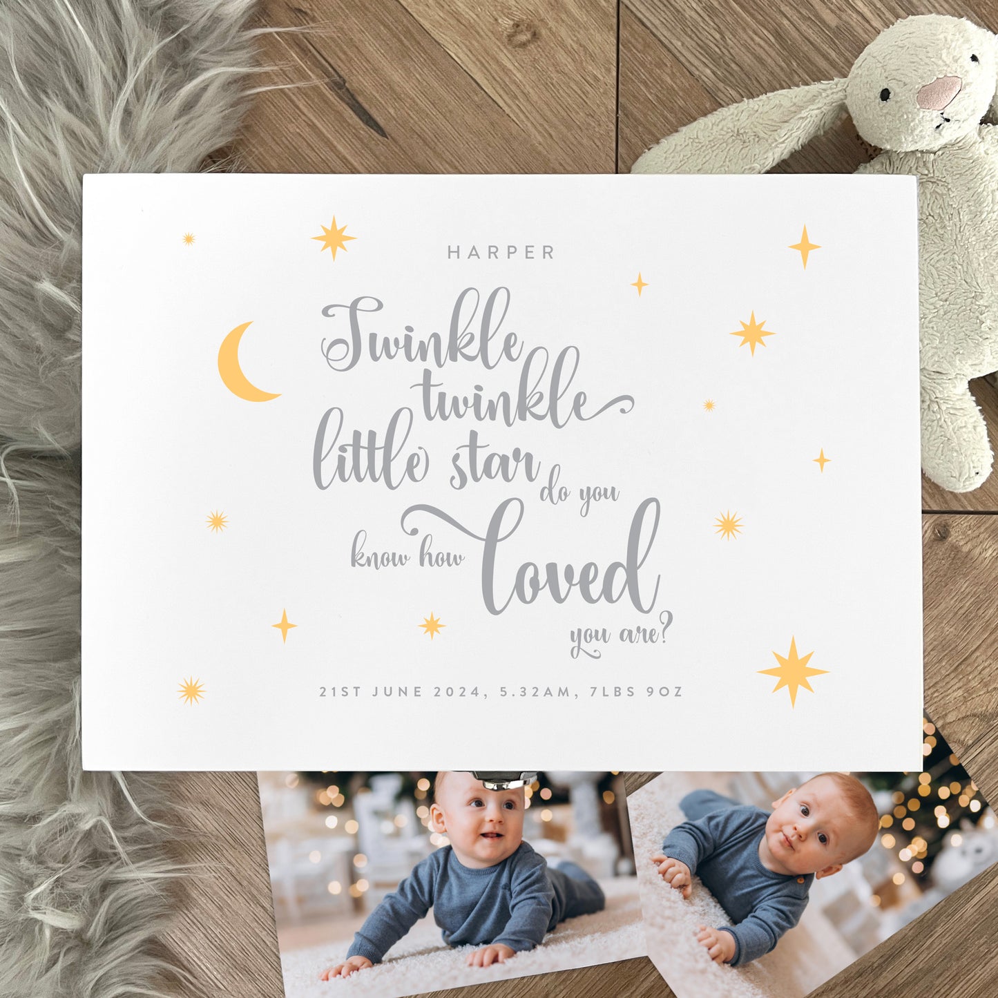 Personalised Twinkle Twinkle New Baby White Wooden Memory Box - 3 Sizes (22cm | 27cm | 30cm)