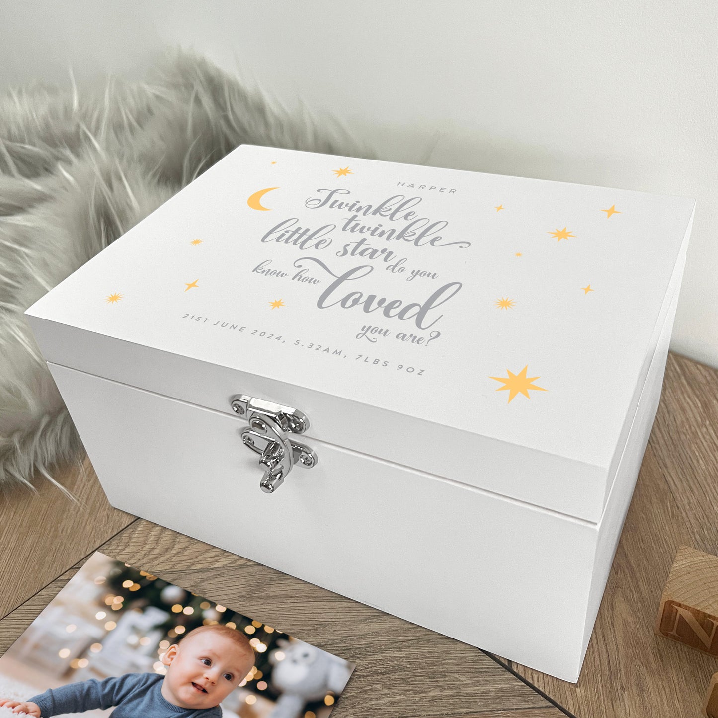 Personalised Twinkle Twinkle New Baby White Wooden Memory Box - 3 Sizes (22cm | 27cm | 30cm)