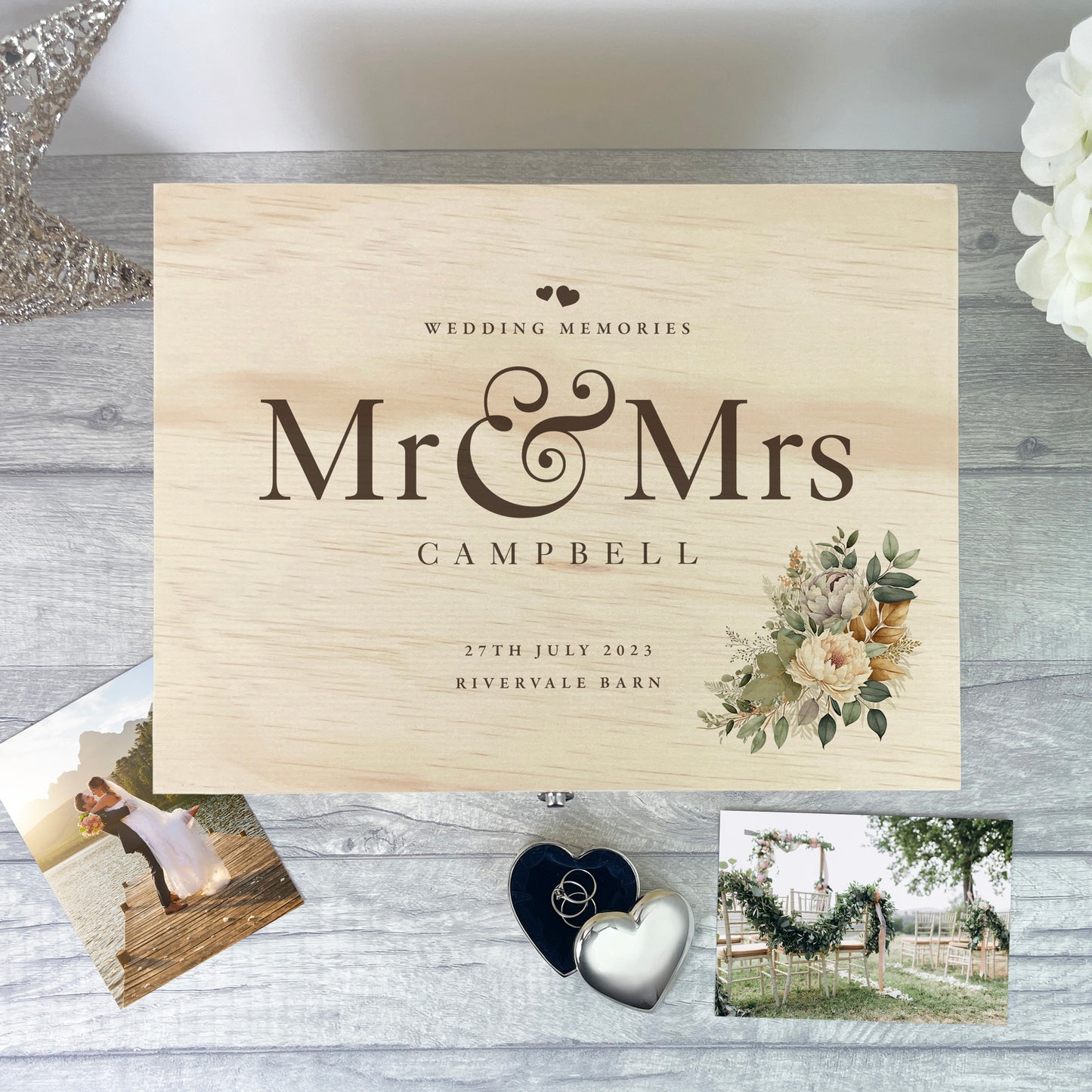 Personalised Pine Wooden Boho Wedding Keepsake Memory Box - 5 Sizes (16cm | 20cm | 26cm | 30cm | 36cm)