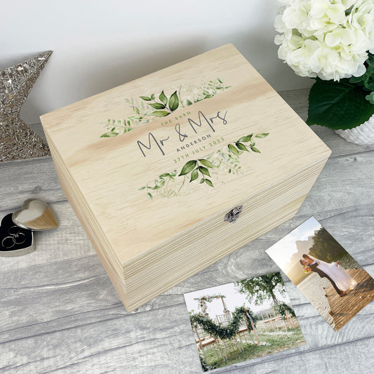 Personalised Wooden Botanical Wedding Keepsake Memory Box - 5 Sizes (16cm | 20cm | 26cm | 30cm | 36cm)