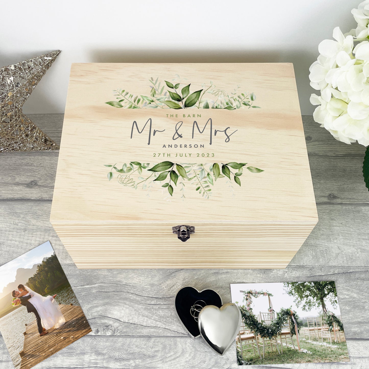 Personalised Wooden Botanical Wedding Keepsake Memory Box - 5 Sizes (16cm | 20cm | 26cm | 30cm | 36cm)