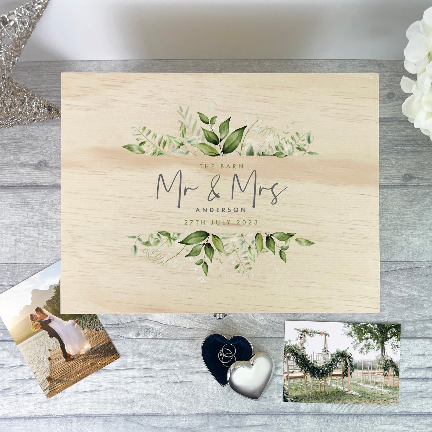 Personalised Wooden Botanical Wedding Keepsake Memory Box - 5 Sizes (16cm | 20cm | 26cm | 30cm | 36cm)