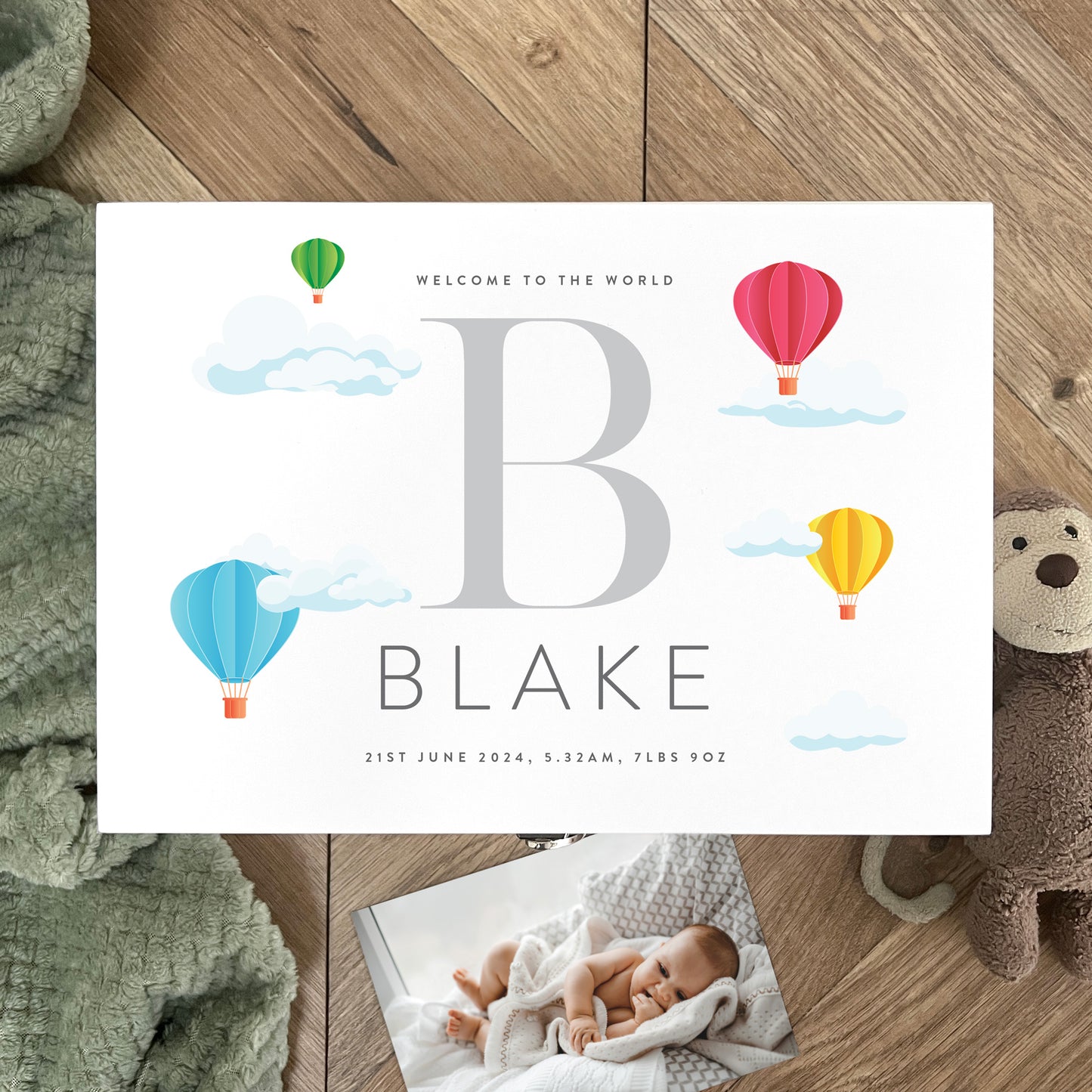 Personalised Hot Air Balloon New Baby White Wooden Keepsake Memory Box - 3 Sizes (22cm | 27cm | 30cm)