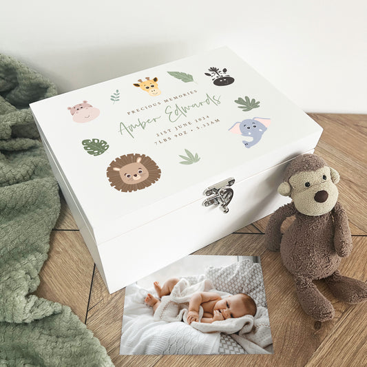 Personalised Jungle Animals New Baby White Wooden Keepsake Memory Box - 3 Sizes (22cm | 27cm | 30cm)