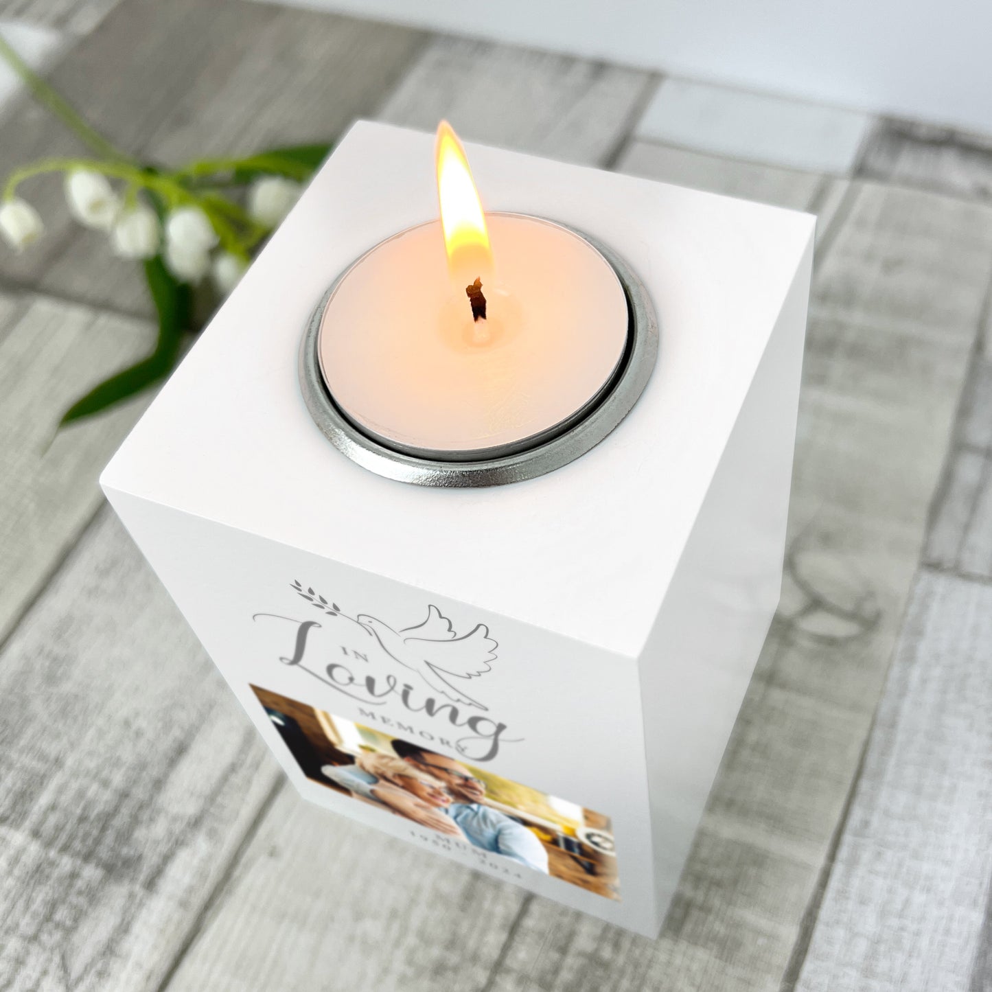 Personalised In Loving Memory Dove Photo Memorial White Tea Light Holder