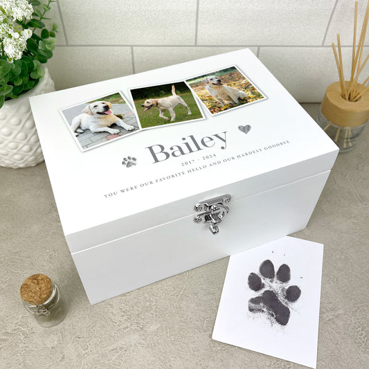 Personalised Three Photo Pet Memorial White Wooden Keepsake Box - 3 Sizes (22cm | 27cm | 30cm)