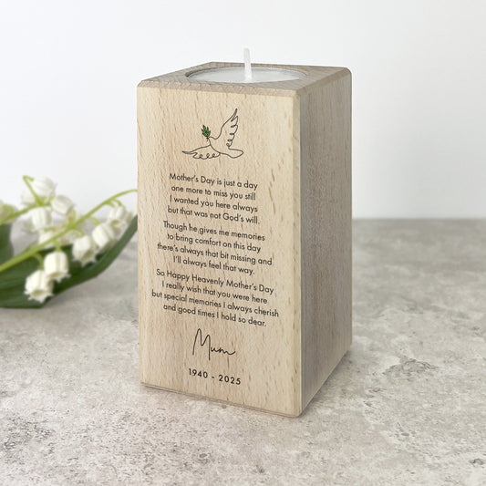 Personalised Happy Heavenly Mother's Day Wooden Tea Light Holder - 2 Sizes