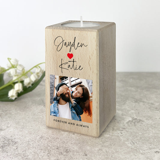 Personalised Couples Names Heart Wooden Tea Light Holder - 2 Sizes