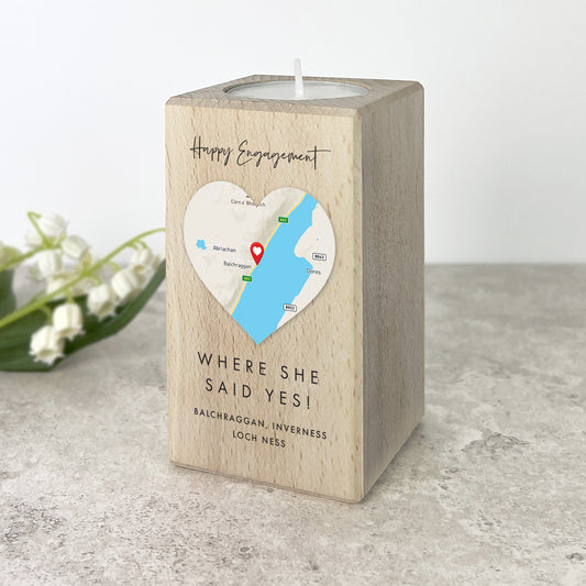 Personalised Heart Map Location Wooden Tea Light Holder - 2 Sizes