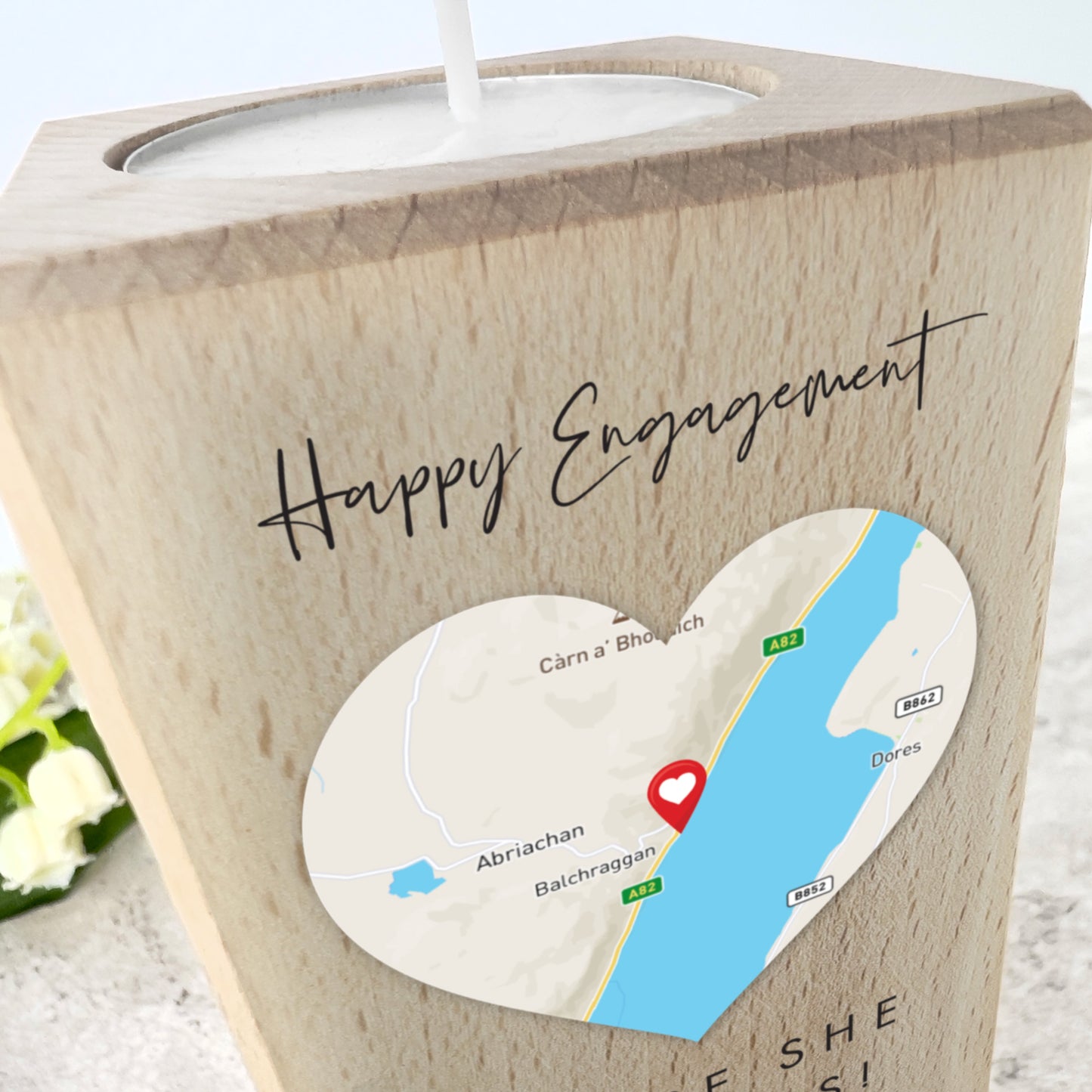 Personalised Heart Map Location Wooden Tea Light Holder - 2 Sizes