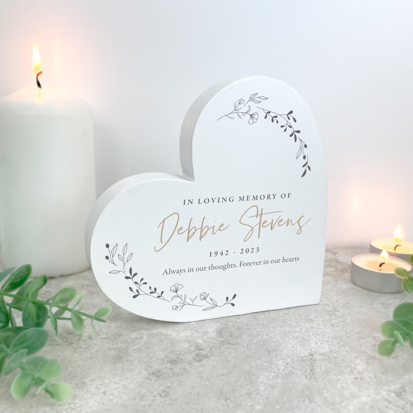 Personalised White Wooden Wreath Memorial Freestanding Heart