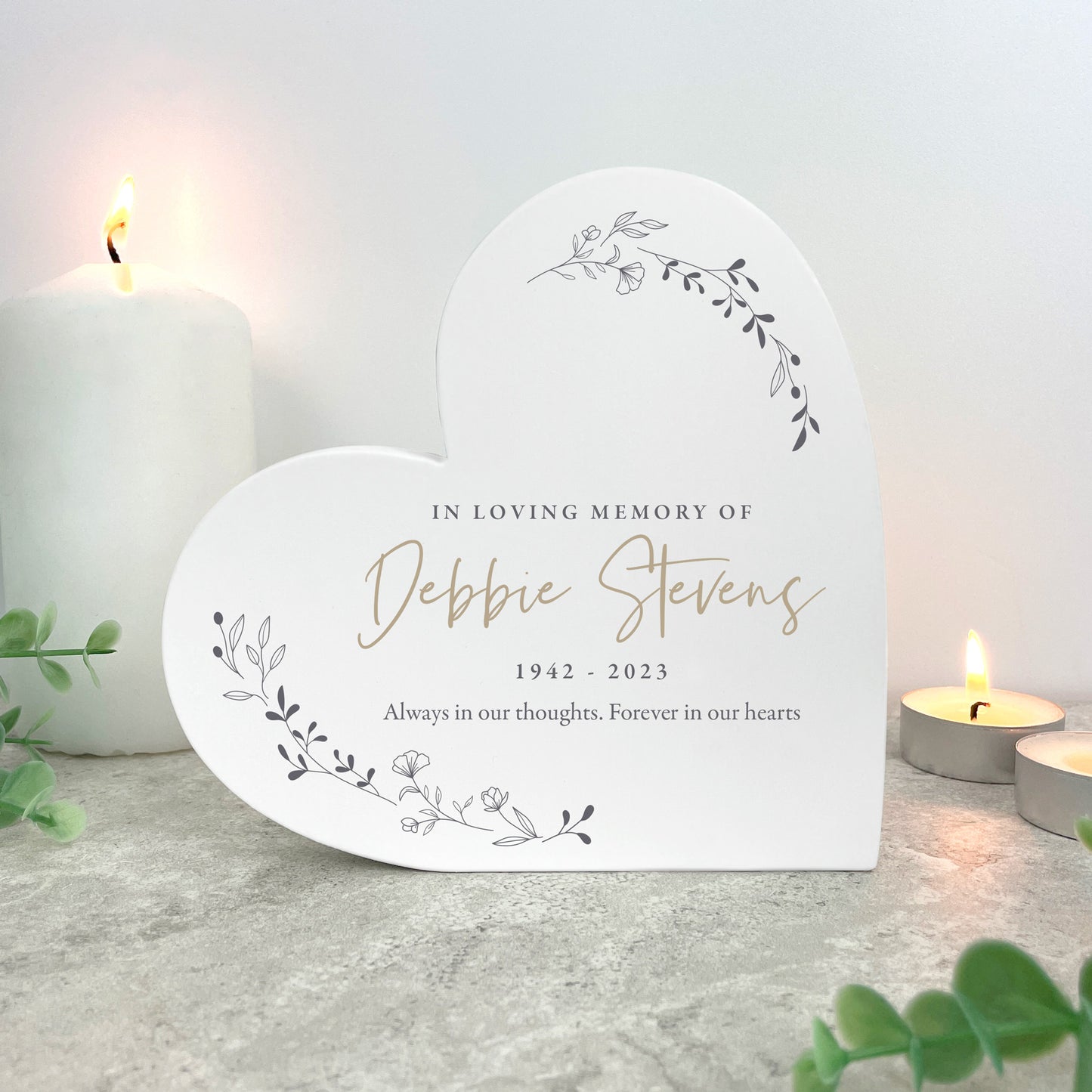 Personalised White Wooden Wreath Memorial Freestanding Heart