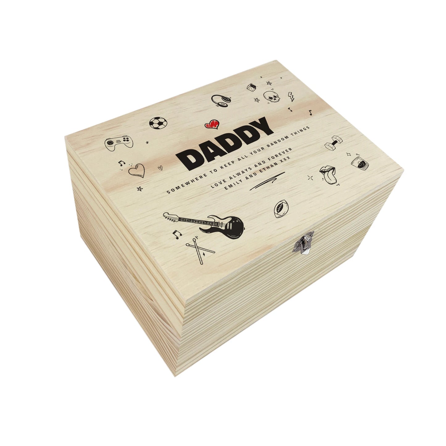 Personalised Fathers Day Doodle Sketch Design Pine Memory Box - 5 Sizes (16cm|20cm|26cm|30cm|36cm)