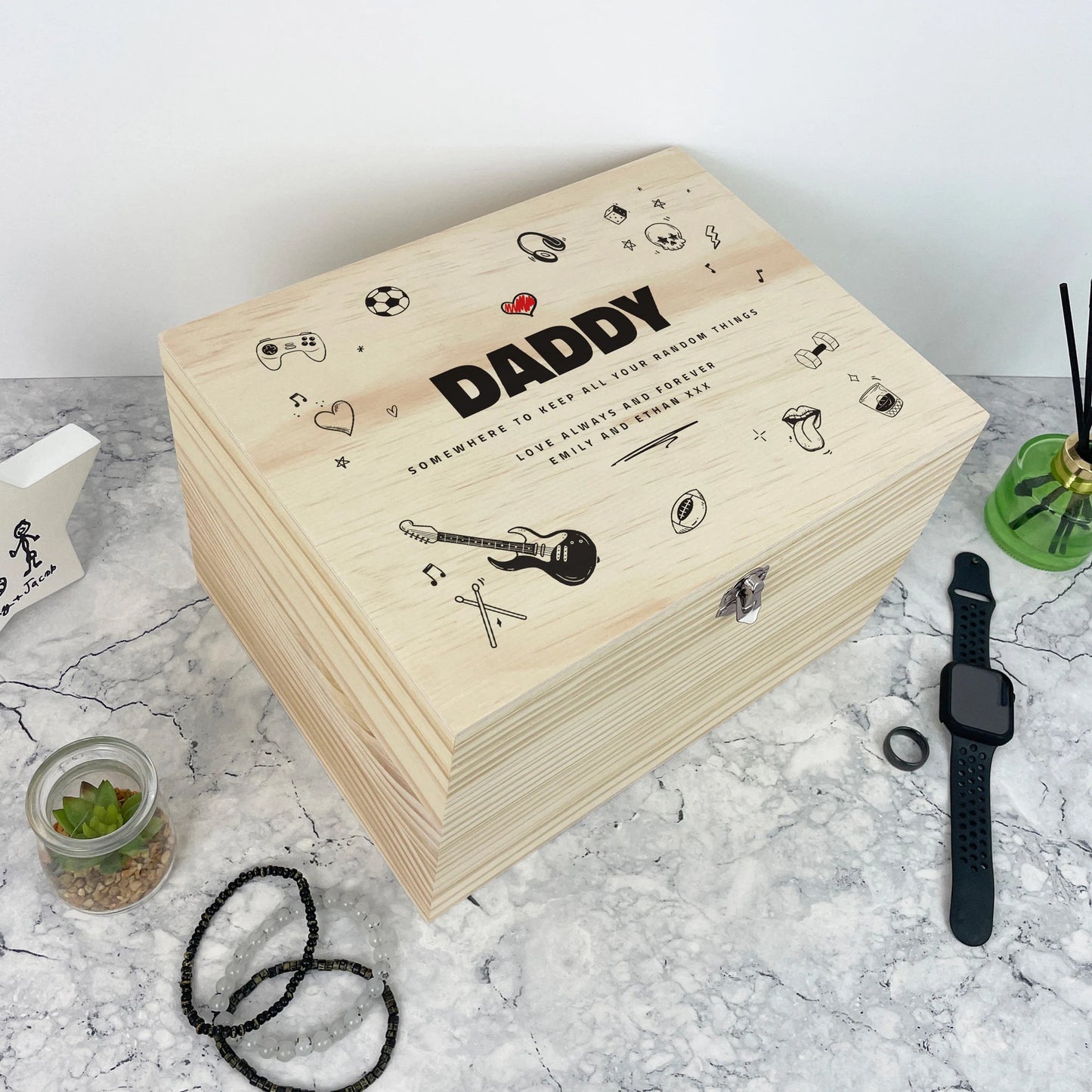 Personalised Fathers Day Doodle Sketch Design Pine Memory Box - 5 Sizes (16cm|20cm|26cm|30cm|36cm)